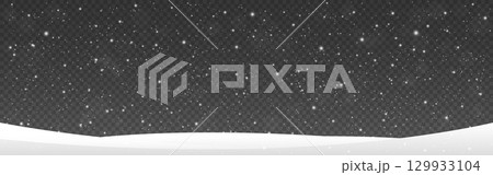 Snowfall and snow caps on transparent background. Christmas falling snowflakes. White winter atmosphere. Snowy texture with flying flakes. Realistic blizzard pattern. Vector illustration 129933104