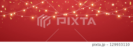 Christmas red background with glowing lights. Festive gold confetti. Bright garland for holiday card, banner or invitation. New Year design template. Golden glowing lamps. Vector Illustration 129933110