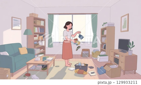 リビングで断捨離を進める女性のイラスト 129933211
