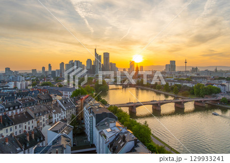 Frankfurt am Main Downtown City Skyline at Sunset. Aerial View. Hesse, Germany Frankfurt am Main Downtown City Skyline at Sunset. Aerial View. Hesse, Germany 129933241