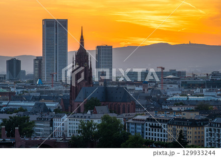 Frankfurt Cathedral and City at Sunset. Aerial View. Hesse, Germany 129933244