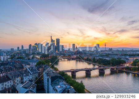 Frankfurt am Main Downtown City Skyline at Evening Twilight. Aerial View Frankfurt am Main Downtown City Skyline at Evening Twilight. Aerial View 129933246