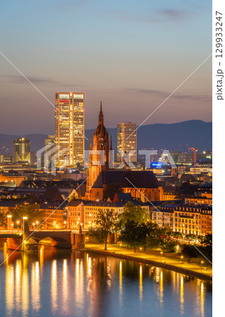 Frankfurt Cathedral and City at Night. Aerial View. Hesse, Germany 129933247