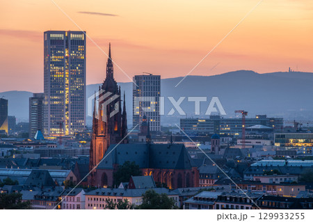 Frankfurt Cathedral and City at Evening Twilight. Aerial View. Hesse, Germany 129933255
