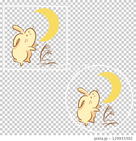 新月和兔子插畫白框套裝（圓形和方形） 129933302