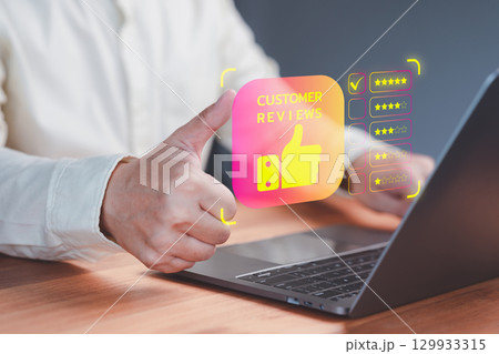 Business concept of customer service satisfaction, service quality, testimonial review, and positive user experience in an online feedback system. Customer select five star icon from a feedback. 129933315