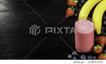 Fresh Fruit Smoothie with Strawberries, Bananas, Blueberries on Dark Wooden Background 129933341