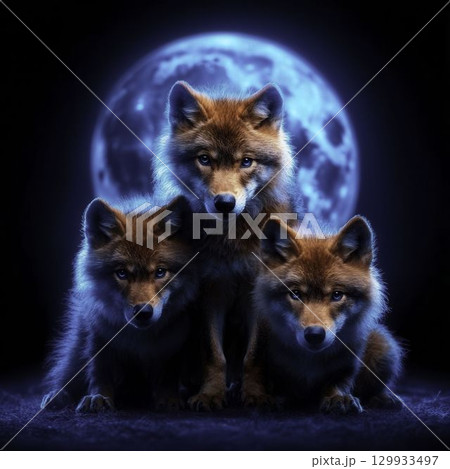 Three Majestic Wolves Pose Underneath a Vibrant Blue Moonlit Sky 129933497