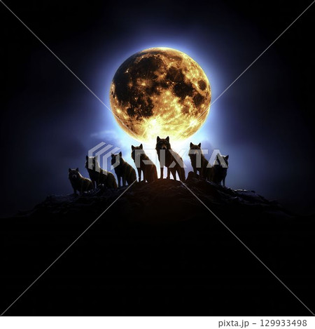 Majestic Wolves Silhouetted Against a Full Moon in a Night Sky Landscape Majestic Wolves Silhouetted Against a Full Moon in a Night Sky Landscape 129933498