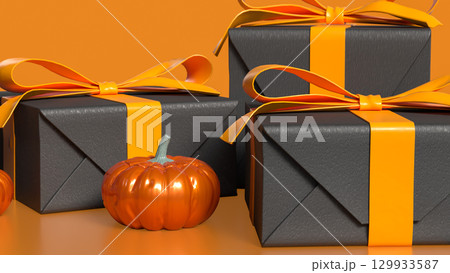 The Pumpkin and gift box for Halloween orHoliday concept 3d Rendering. 129933587