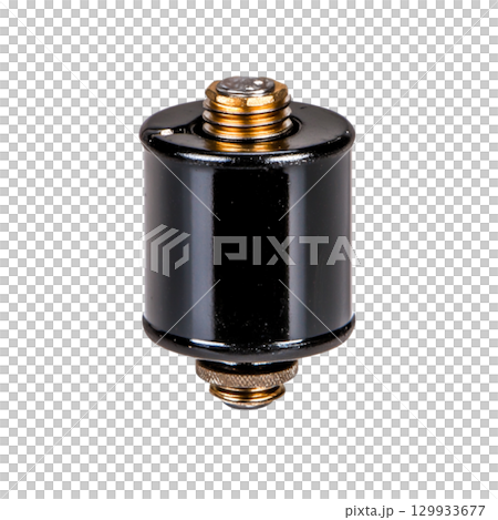 Black cylindrical object with threaded top and bottom designed for mechanical applications 129933677