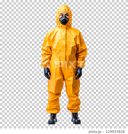 Person in Protective Suit with Gas Mask Standing Against a Plain Background for Safety Imagery 129933826