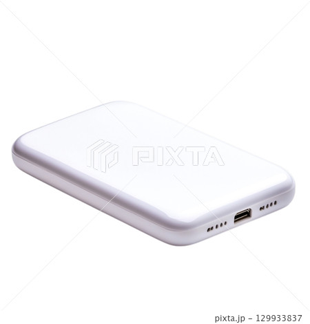 Modern portable power bank with sleek white design for charging devices on the go Modern portable power bank with sleek white design for charging devices on the go 129933837