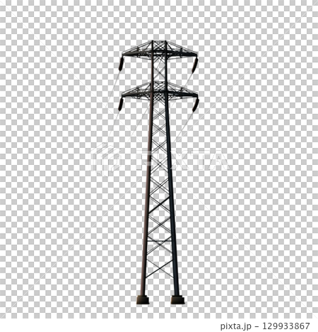 High Voltage Power Line Tower with Crossarm Structure on a Plain Background 129933867