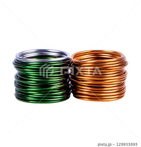 Colorful Metal Wire Coils in Green and Orange Arranged Neatly for Craft and DIY Projects 129933893