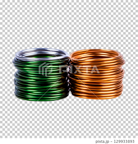 Colorful Metal Wire Coils in Green and Orange Arranged Neatly for Craft and DIY Projects 129933893