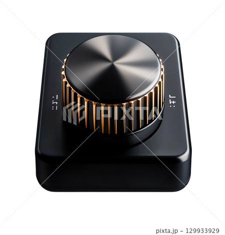 Modern Audio Control Knob on Glossy Black Surface with Illuminated Design Features 129933929