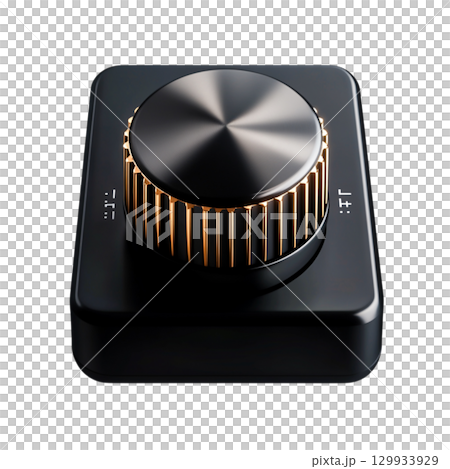 Modern Audio Control Knob on Glossy Black Surface with Illuminated Design Features 129933929
