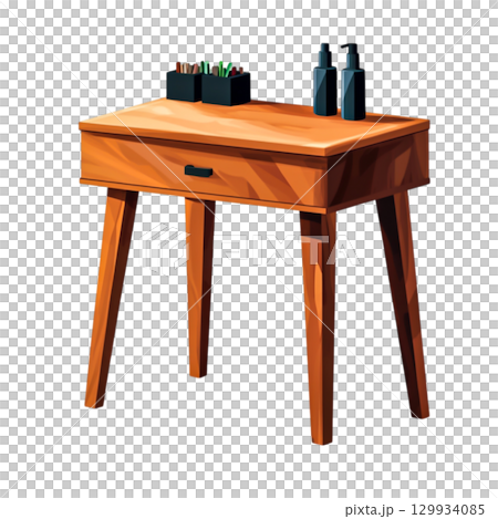 Stylish Wooden Desk with Stationery Supplies for Creative Work and Organization 129934085