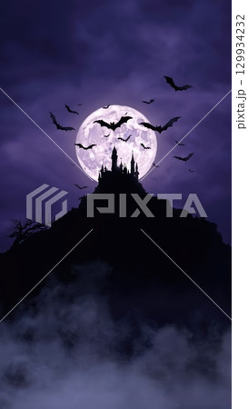 Spooky castle silhouette with full moon and flying bats above misty hill, dark vertical smartphone wallpaper. Generative AI. 129934232