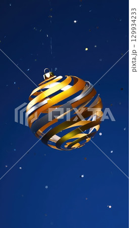 Gold Christmas ornament ball on dark blue background. Generative AI. Gold Christmas ornament ball on dark blue background. Generative AI. 129934233