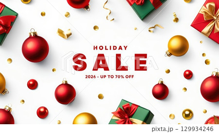 Holiday sale poster with red ornaments, gift boxes, and white background, festive vertical smartphone wallpaper. Generative AI. 129934246