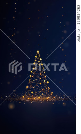 Elegant Christmas tree made of golden lights on a dark background. Minimalist holiday design. Generative AI. 129934262