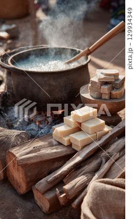 Traditional African Soap-Making Setup with Boiling Pot and Soap Bars Outdoors Traditional African Soap-Making Setup with Boiling Pot and Soap Bars Outdoors 129934349