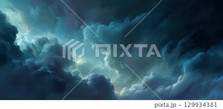 Dramatic Stormy Sky with Stylized Clouds and Faint Lightning 129934381