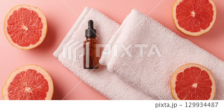 Spa-Inspired Layout with Towel, Dropper Bottle, and Grapefruit Halves on Pink Background 129934487