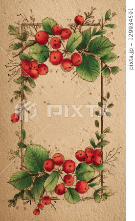Hand-Drawn Greeting Card with Berries and Leaves Frame on Rustic Paper Hand-Drawn Greeting Card with Berries and Leaves Frame on Rustic Paper 129934591