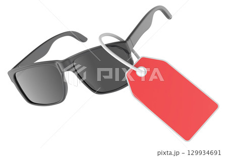 Sunglasses with red price tag. 3D rendering Sunglasses with red price tag. 3D rendering 129934691