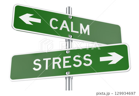 Calm and Stress green direction arrows, street signs. 3D rendering Calm and Stress green direction arrows, street signs. 3D rendering 129934697