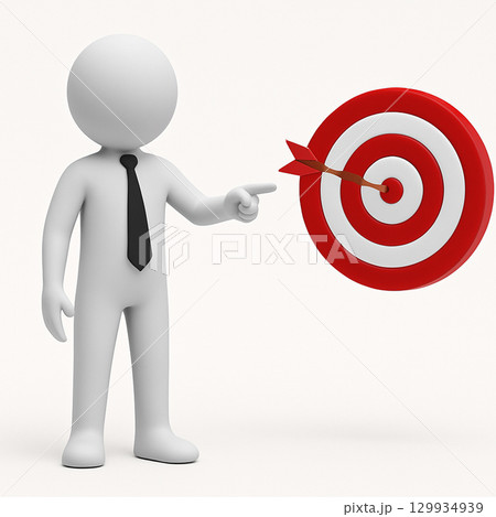 Minimal white 3D person in a black tie points at a red bullseye with a dart in the center -symbol of goal setting, focus, KPI OKR, strategy, accuracy and business results. Clean, copy-space friendly. 129934939