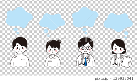 Vector illustration of a worried doctor and nurse with speech bubbles. Negative facial expressions of medical workers. 129935041