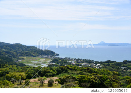 霧島が丘公園の塔から見た開聞岳と鹿児島湾 129935055