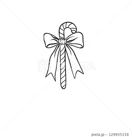 Christmas candy canes. Christmas stick. Traditional xmas candy with red, green and white stripes. Santa caramel cane with with a bow 129935158