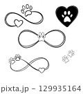 Big set line art illustration pet care, dog footprint. Dog paw tattoo idea, dog footprint 129935164