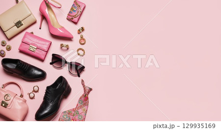 ファッションのシューズ・バッグやアクセサリーとカラフルな背景画像 129935169