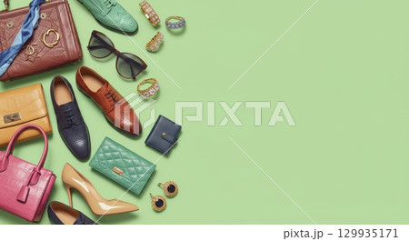 ファッションのシューズ・バッグやアクセサリーとカラフルな背景画像 ファッションのシューズ・バッグやアクセサリーとカラフルな背景画像 129935171