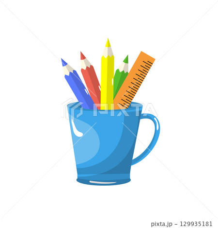 Blue cup with multicolored pencils and a ruler inside. Vector illustration, hand-drawn, on a white background. Concept of school, office, stationery 129935181