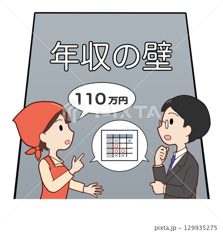 110万円の年収の壁の前で話し合うパートと社員 129935275
