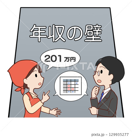201万円の年収の壁の前で話し合うパートと社員 129935277