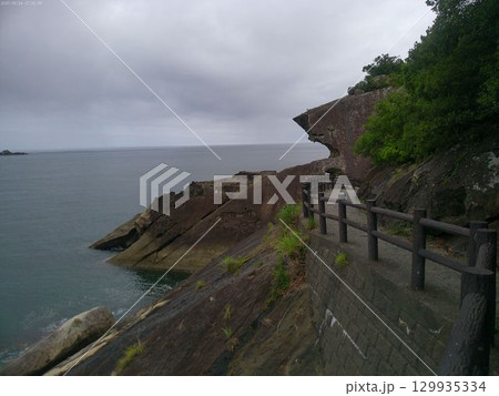 三重県熊野・鬼ヶ城の断崖と海岸遊歩道 129935334