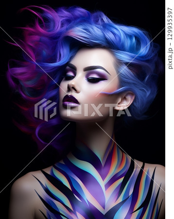 奇抜な特殊ヘアメイクスタイル 美人女性像を生成AIで表現（縦写真） 129935397