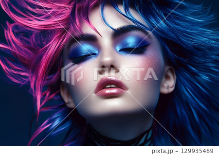 奇抜な特殊ヘアメイクスタイル 美人女性像を生成AIで表現（横写真） 129935489