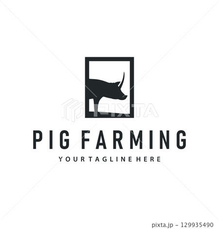 Pig logo concept design black silhouette of pig farm with simple pig animal illustration product brand design template and also farming symbol 129935490