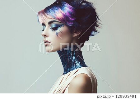 奇抜な特殊ヘアメイクスタイル 美人女性像を生成AIで表現（横写真） 129935491