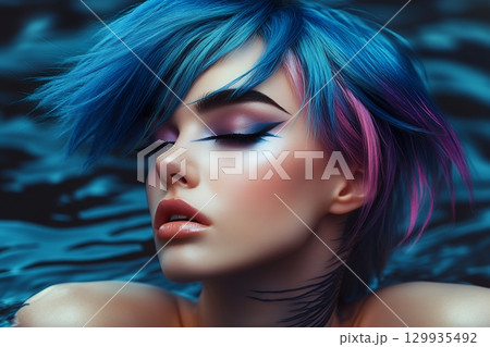 奇抜な特殊ヘアメイクスタイル 美人女性像を生成AIで表現（横写真） 129935492