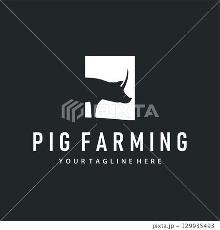 Pig logo concept design black silhouette of pig farm with simple pig animal illustration product brand design template and also farming symbol 129935493